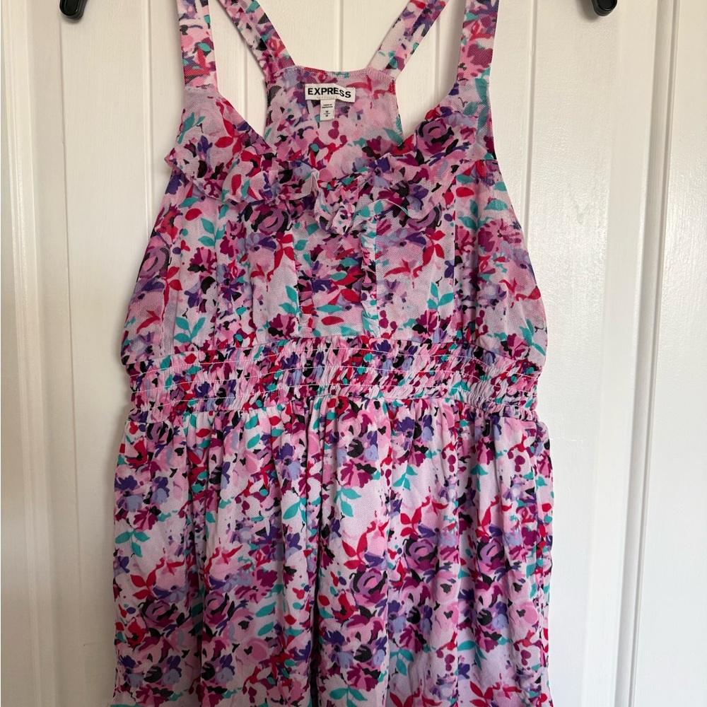 Express Pink Floral Mesh Tank with Teal and Purple Accents